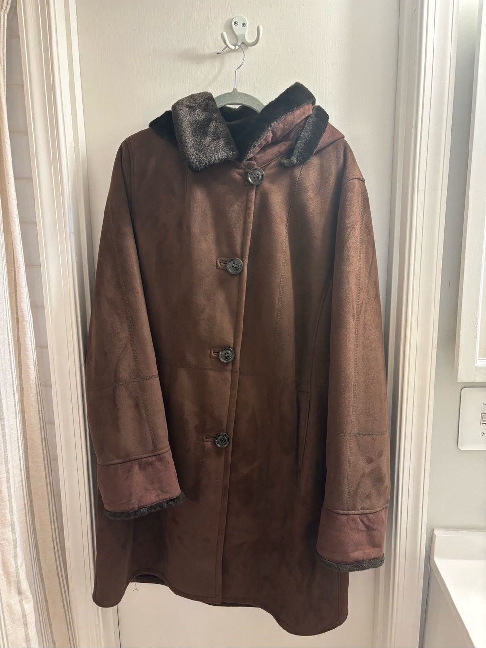 CG Collection Brown Faux Suede Faux Shearling Hooded Coat